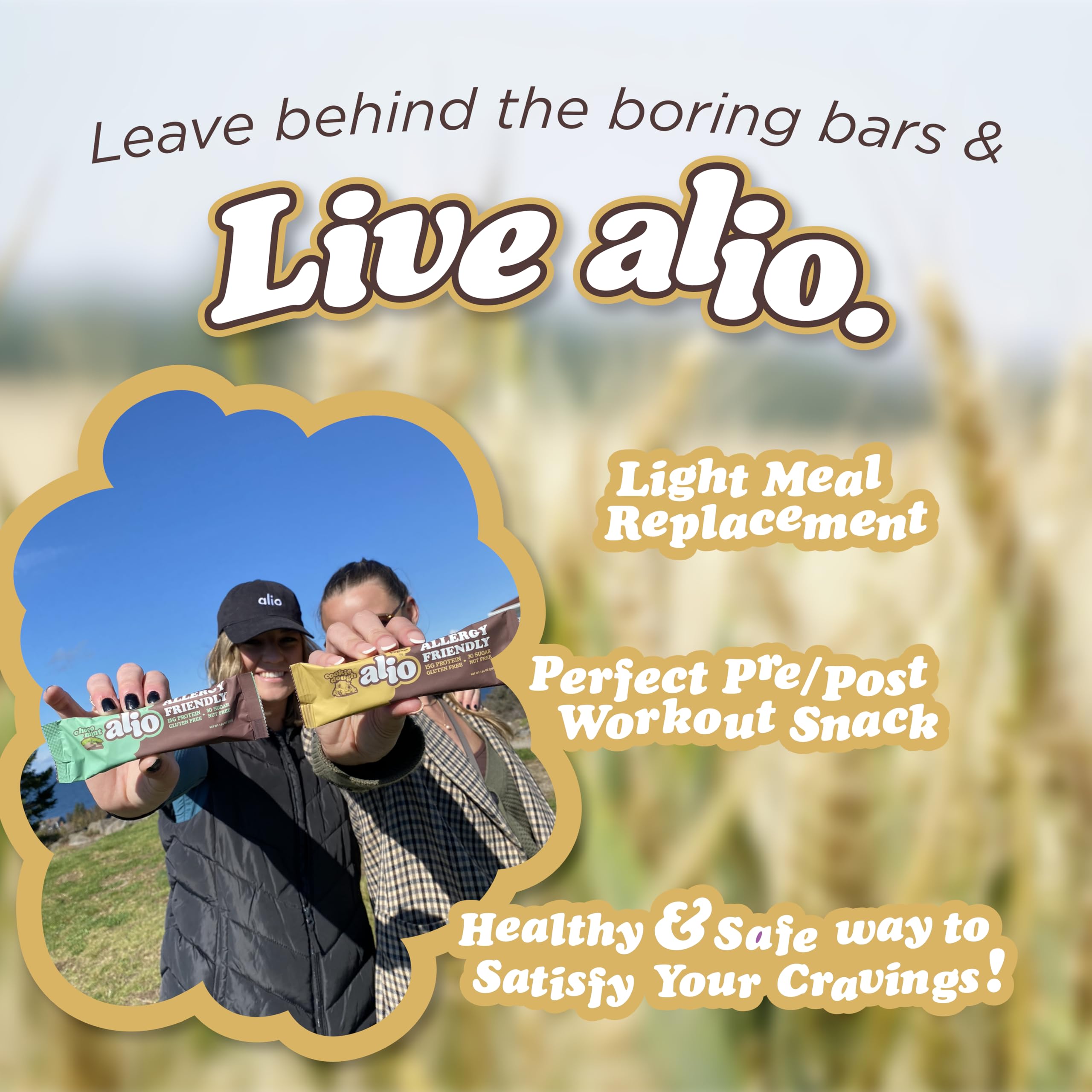 Alio cookie dough bar ingredient panel emphasizes vegan, non-GMO, gluten-free ingredients