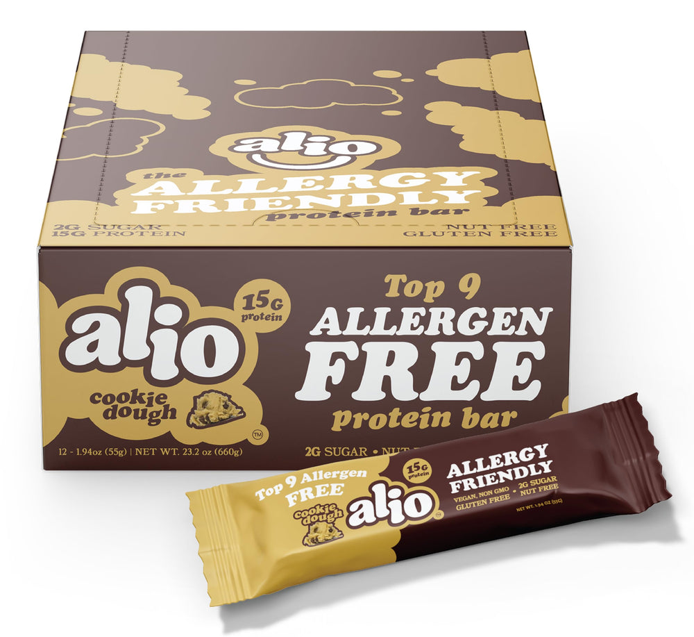 Alio cookie dough bar pack front shows allergen-free protein for on-the-go snacking