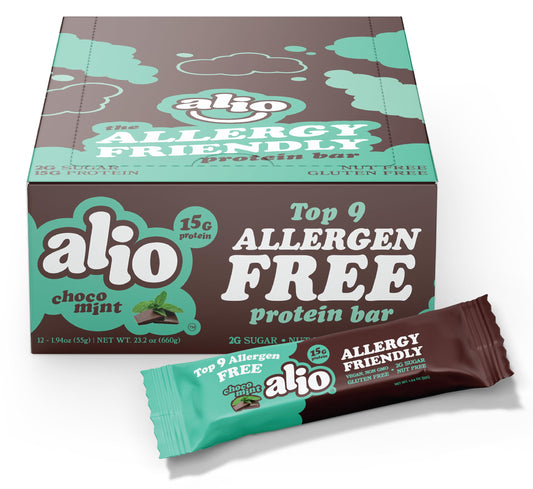 Alio Choco Mint protein bar front view for on-the-go high-protein snacking.