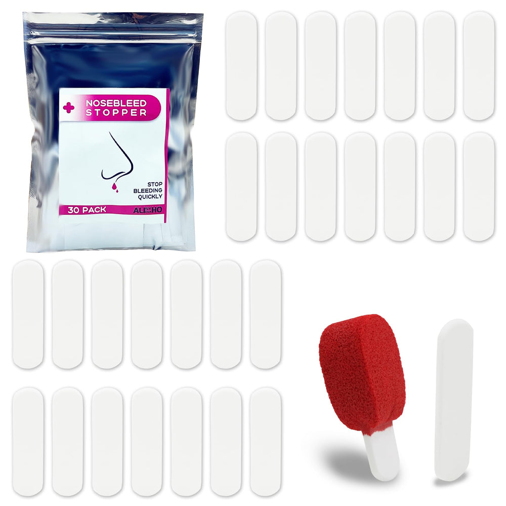 Alisyevaho nosebleed stopper plugs packaging with 30 individually wrapped units for on-the-go care.