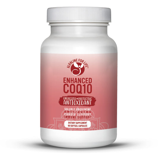 Alkaline for Life Enhanced CoQ10 bottle highlighting micellized absorption for better uptake.