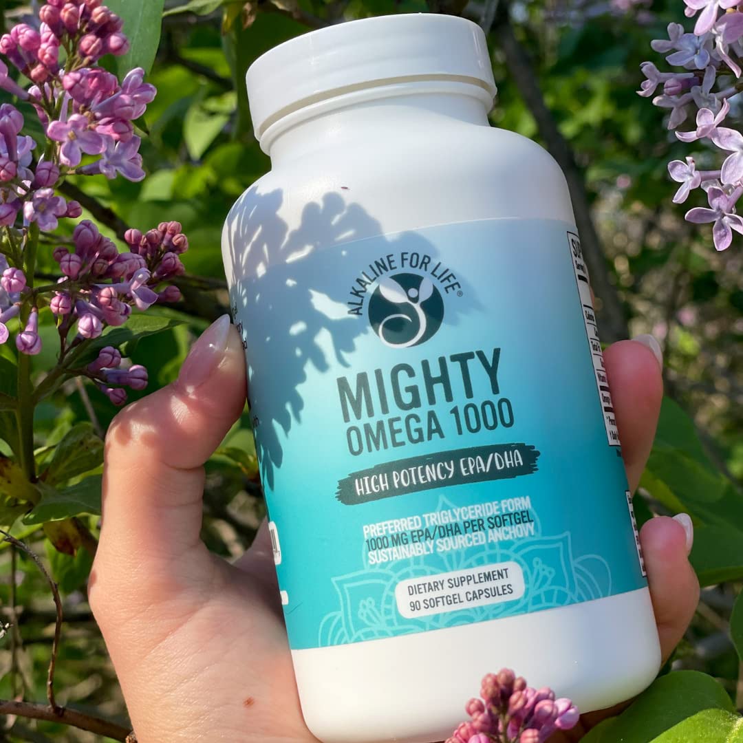 Mighty Omega 1000 capsules close-up, burpless formula designed for gentle digestion.