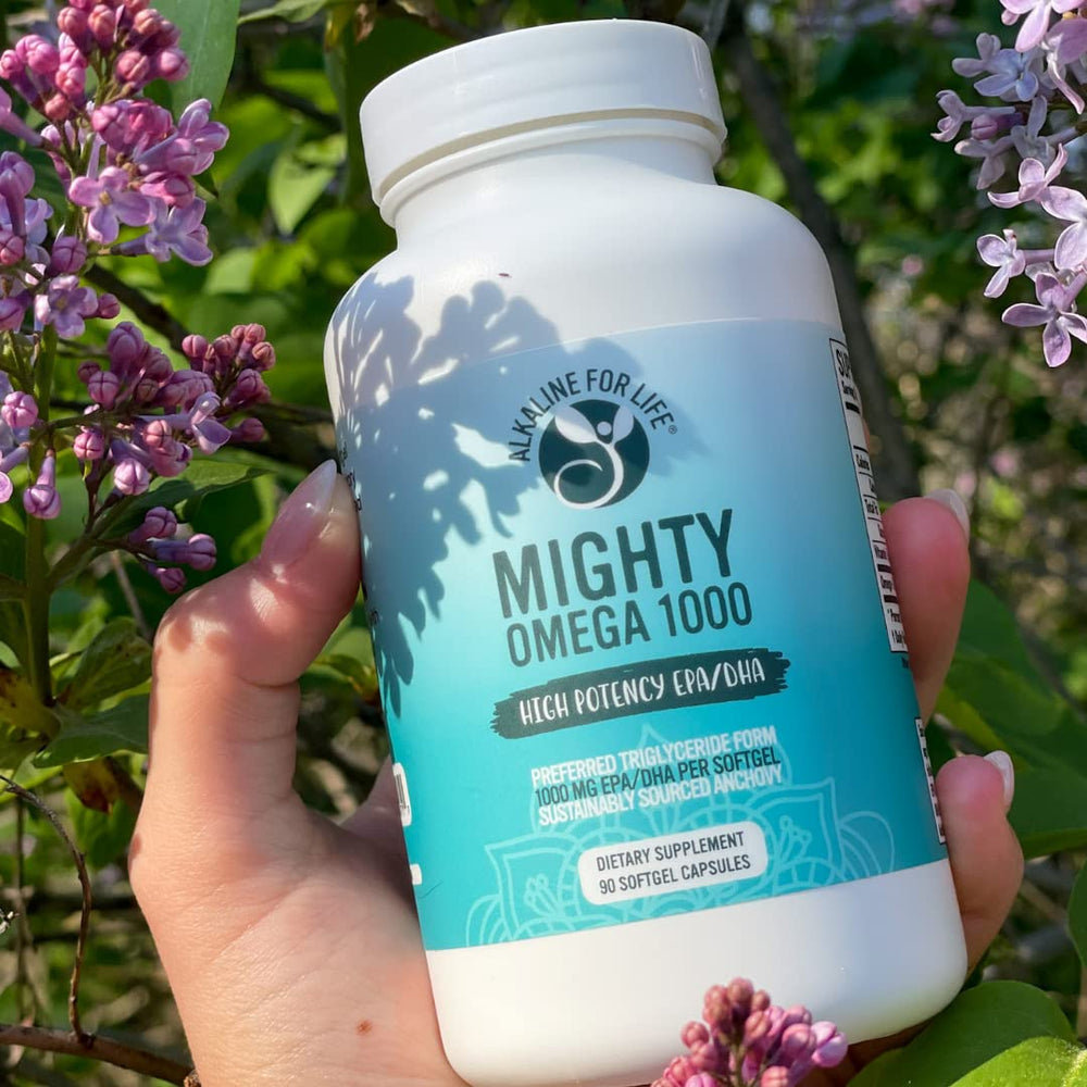 Mighty Omega 1000 capsules close-up, burpless formula designed for gentle digestion.