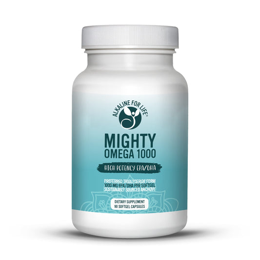 Alkaline for Life Mighty Omega 1000 softgel bottle for smooth intake and heart support.