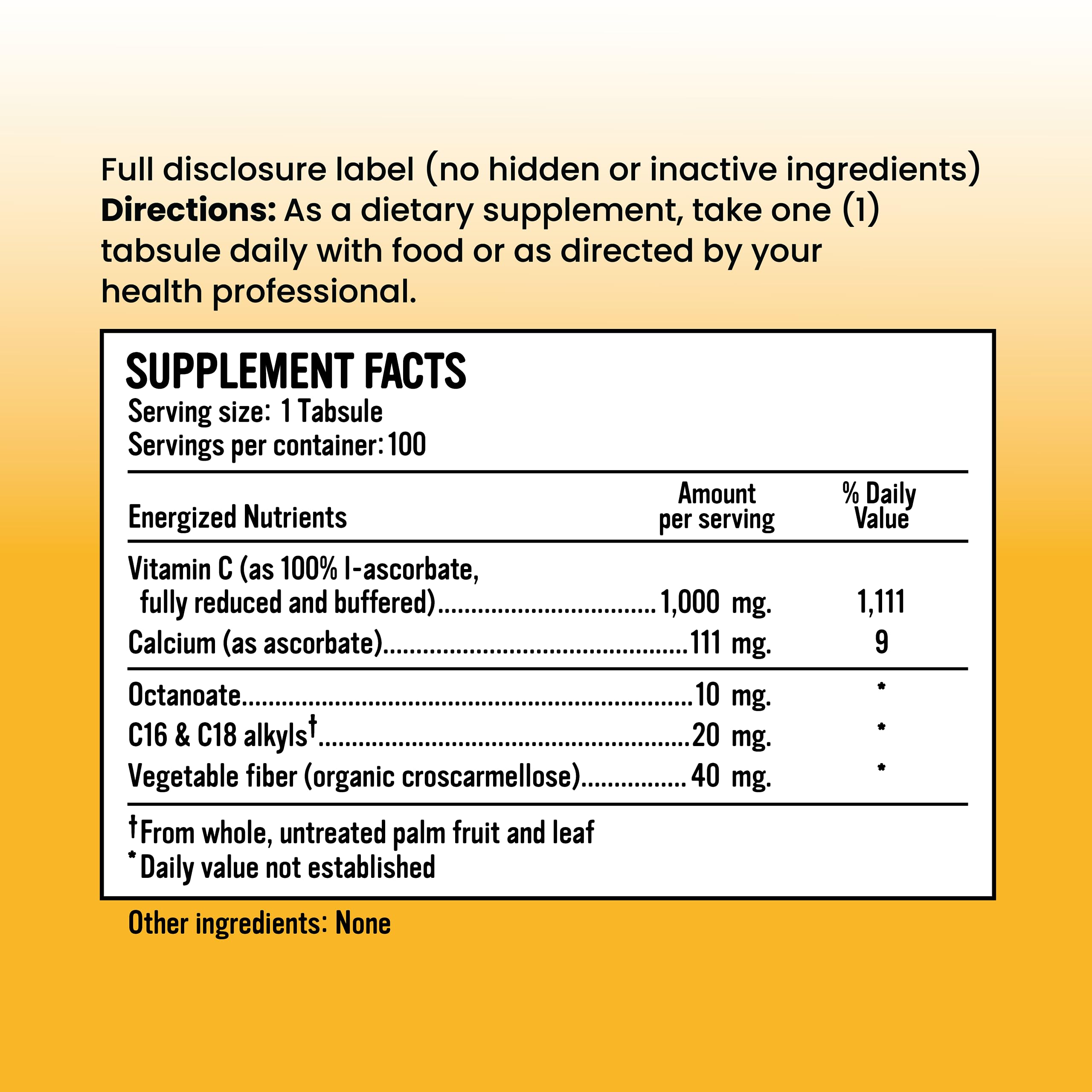 Alkalini-C Tabs label detail view, corn-free, GMO-free formula and plant-based ingredients