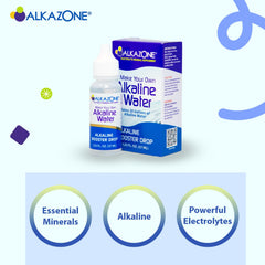 Glass of water with Alkazone drops dissolving to alkalize the drink.