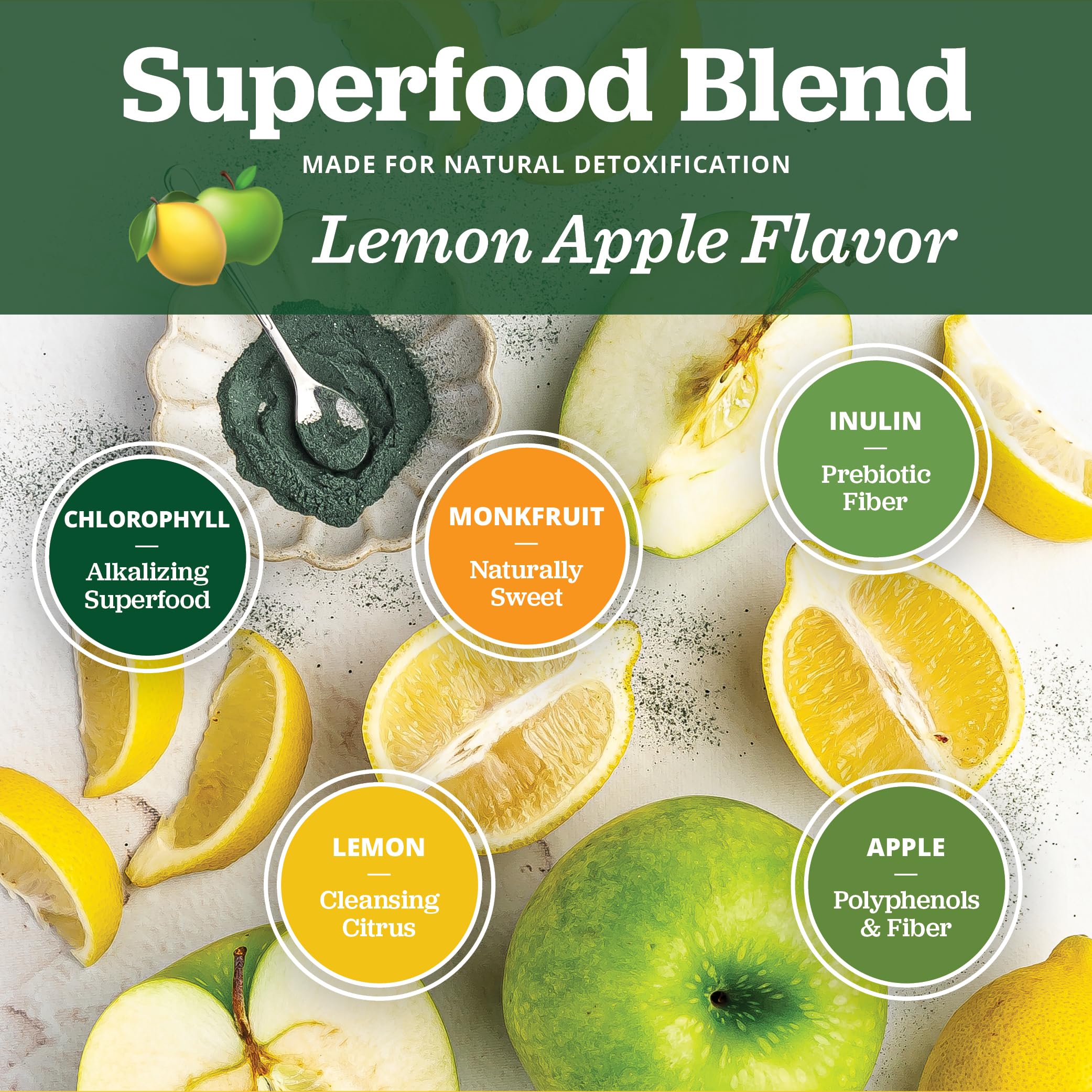 All About Juicing chlorophyll shot bottle closeup shows lemon apple blend for flavor