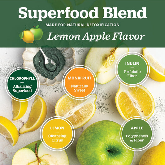 All About Juicing chlorophyll shot bottle closeup shows lemon apple blend for flavor