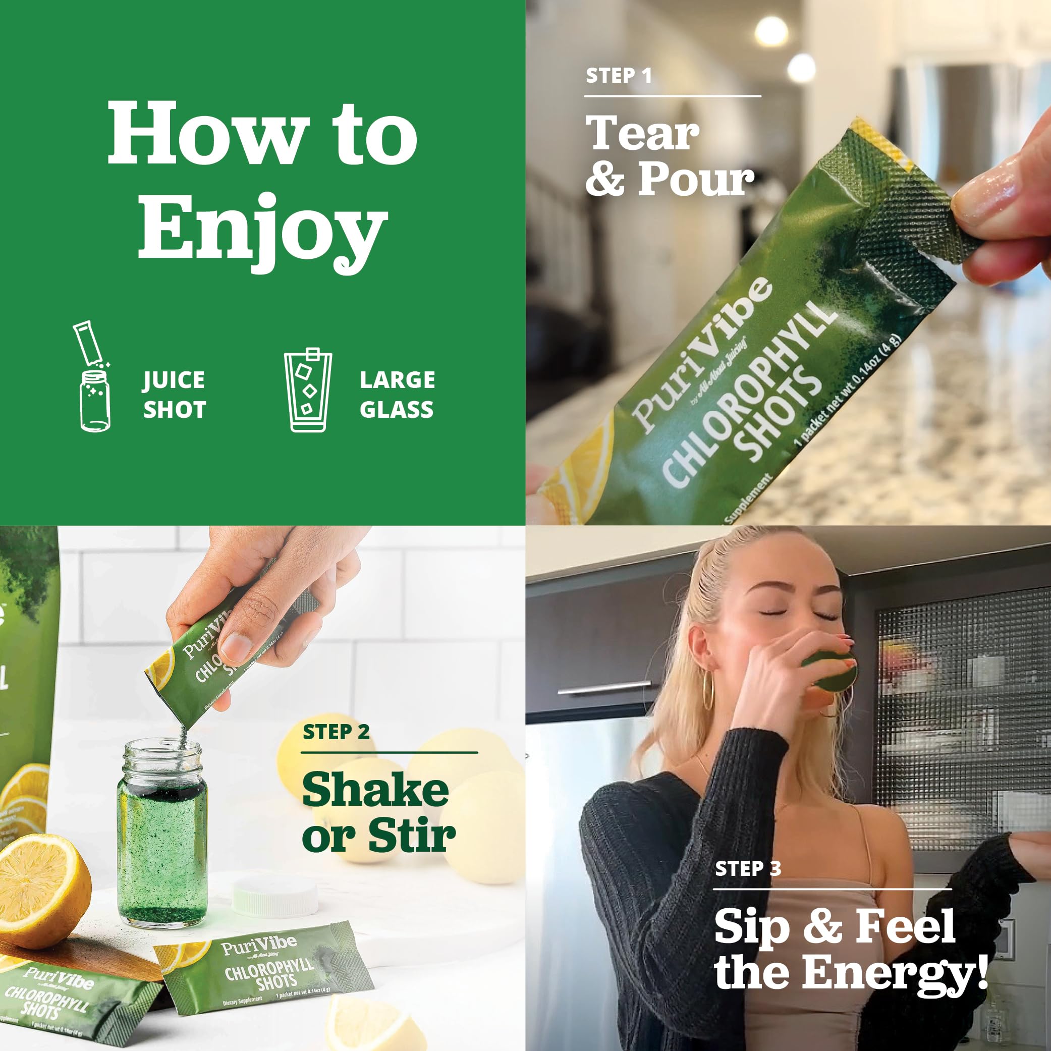 All About Juicing chlorophyll shot glass-mix demonstrates easy dilution in water