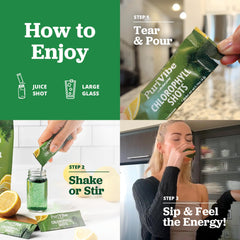 All About Juicing chlorophyll shot glass-mix demonstrates easy dilution in water