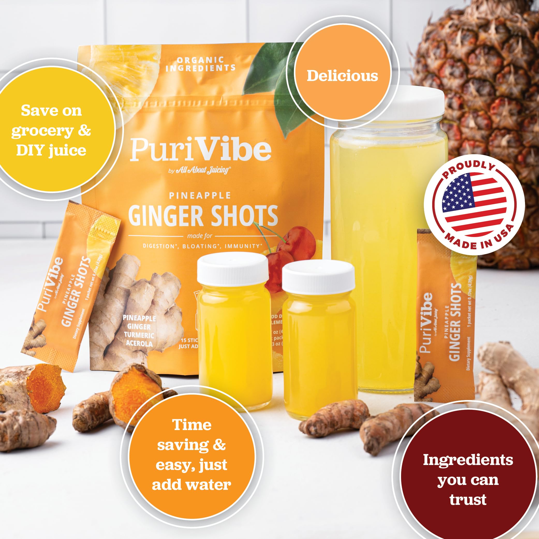All About Juicing ginger-turmeric-pineapple stick pack travels well and reduces prep time.