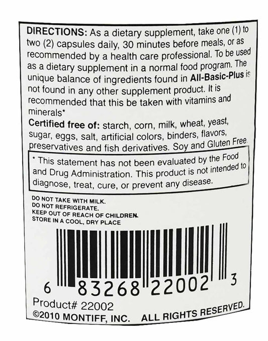 All Basic Plus advanced amino acid formula label close-up showing L-Tryptophan addition