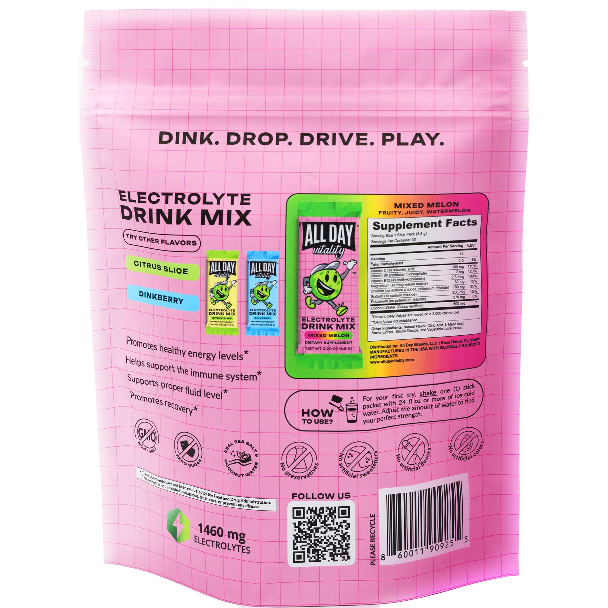 ALL DAY Vitality flavor packets mixed melon sachet, showing convenient on-the-go use