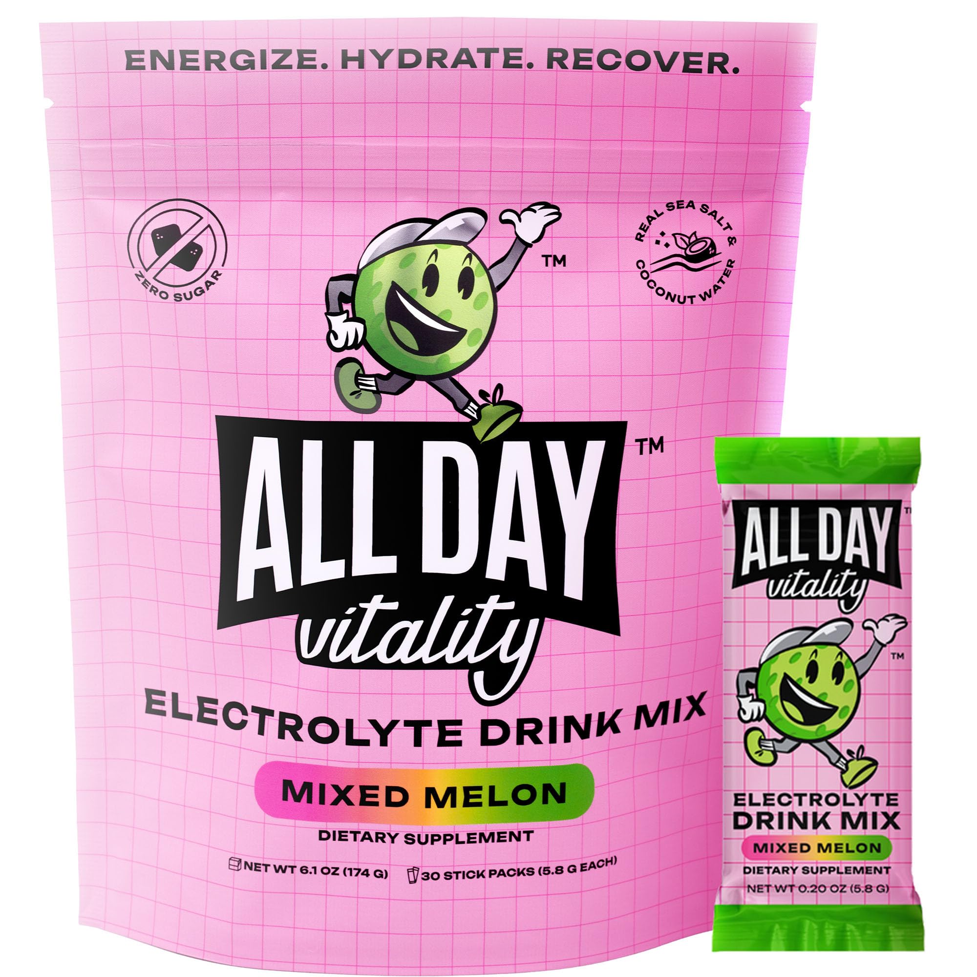ALL DAY Vitality pickleball electrolyte packets, front view, for on-court hydration and steady endurance