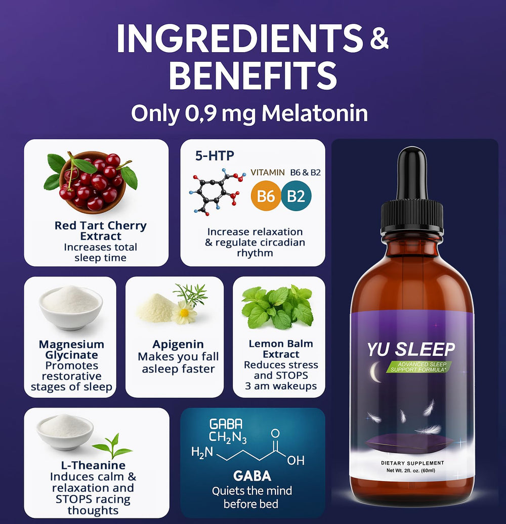 YuSleep bottle beside a calm mug and closed eyes signaling restful night