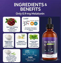 YuSleep bottle beside a calm mug and closed eyes signaling restful night