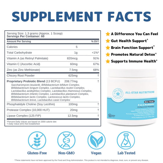 All-Star Nutrition Bio-Heal probiotic adults bottle front highlights gut health for daily use.