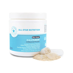 All-Star Nutrition Bio-Heal probiotic kids bottle front shows 12 strains for digestive balance.