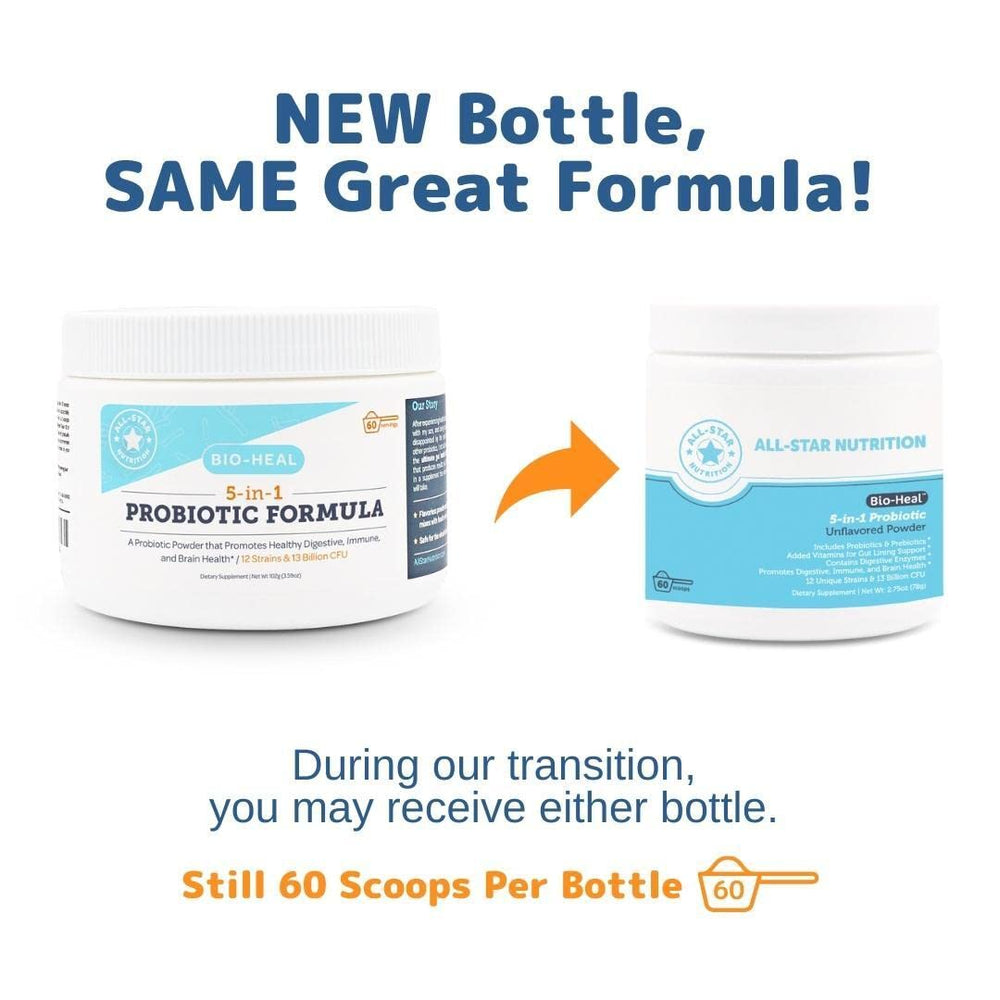 All-Star Nutrition Bio-Heal probiotic bottle label shows USA-made manufacturing.