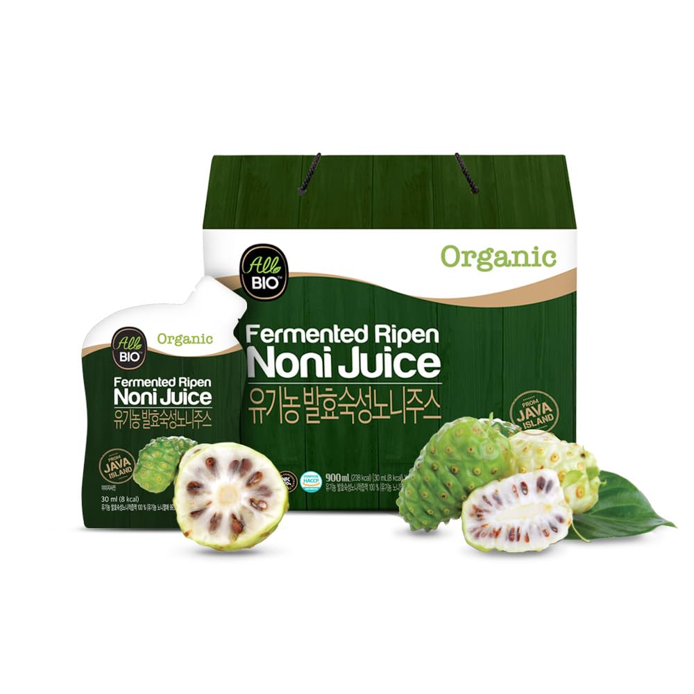 ALL BIO Java Noni bottle close-up highlighting organic fermentation for rich flavor.