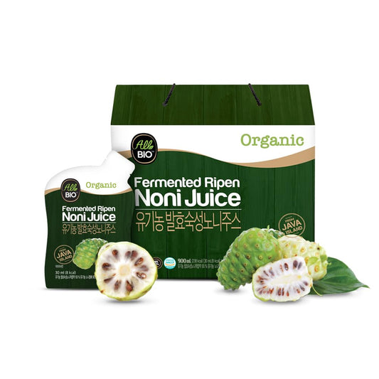 ALL BIO Java Noni bottle close-up highlighting organic fermentation for rich flavor.