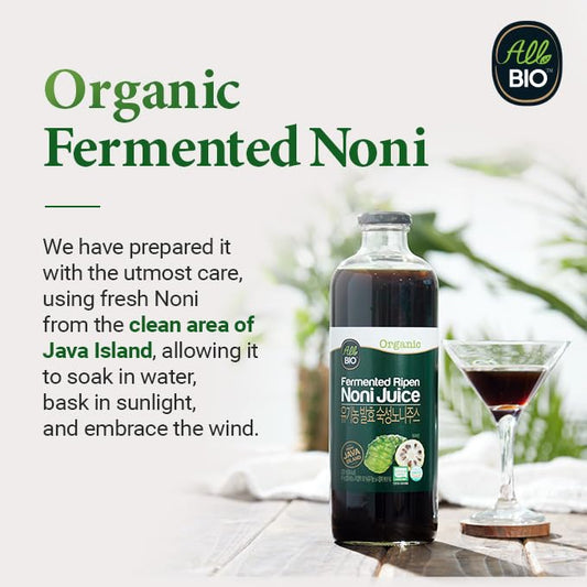 ALL BIO Java Noni fermentation process reveals careful aging for smoother flavor.