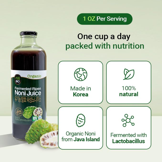 ALL BIO Java Noni juice 1L bottle on display highlights convenient family size.
