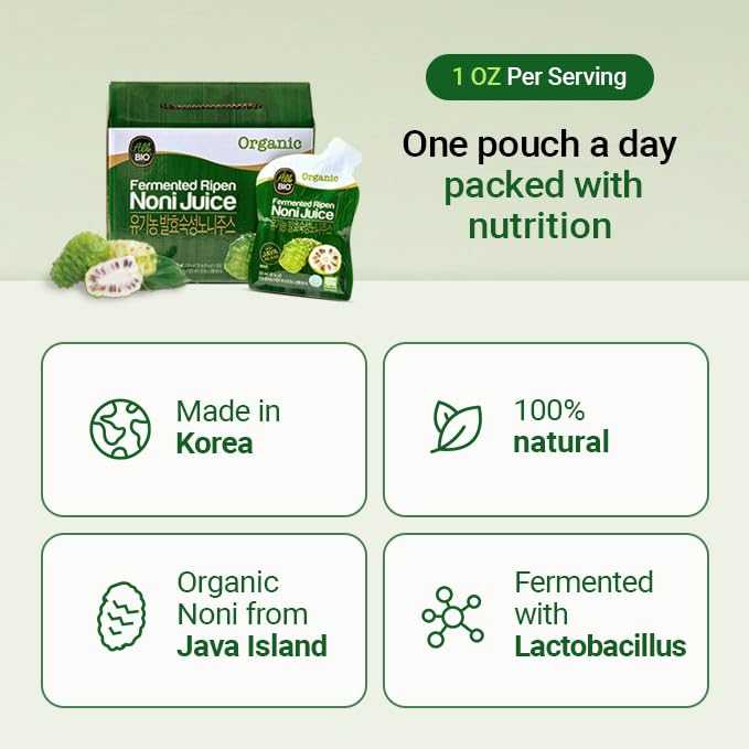 ALL BIO Noni juice pour into glass demonstrates convenient daily option.