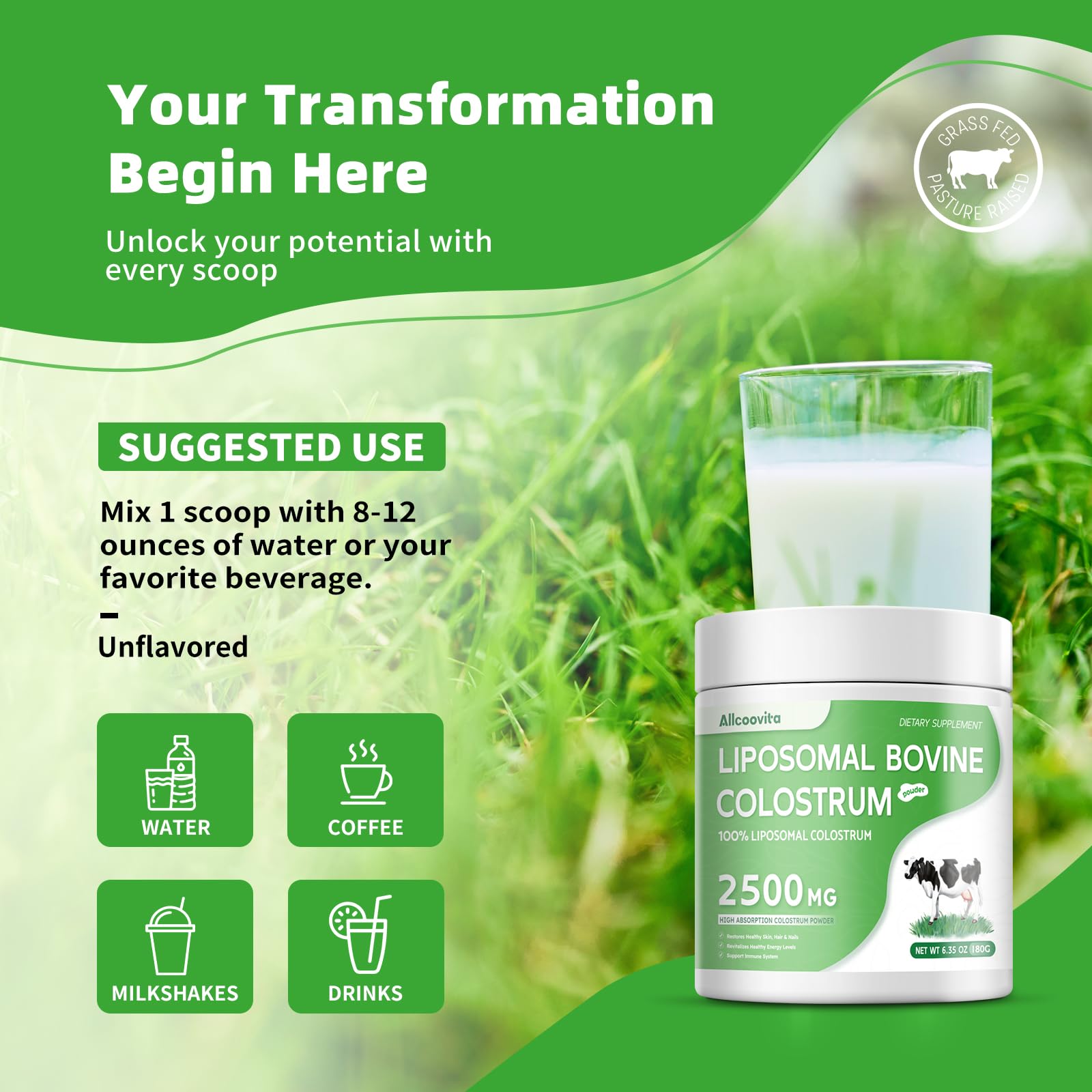 Allcoovita 72 servings bottle closeup emphasizes value and long-term use.
