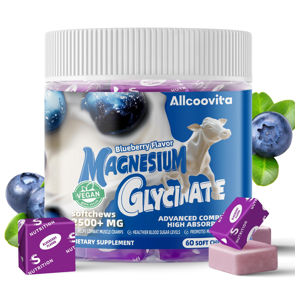 Allcoovita blueberry magnesium chews close-up highlighting chewy texture for calming support.