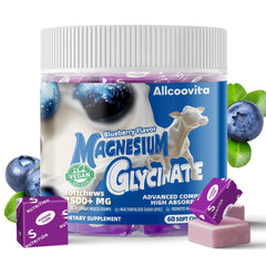 Allcoovita blueberry magnesium chews close-up highlighting chewy texture for calming support.