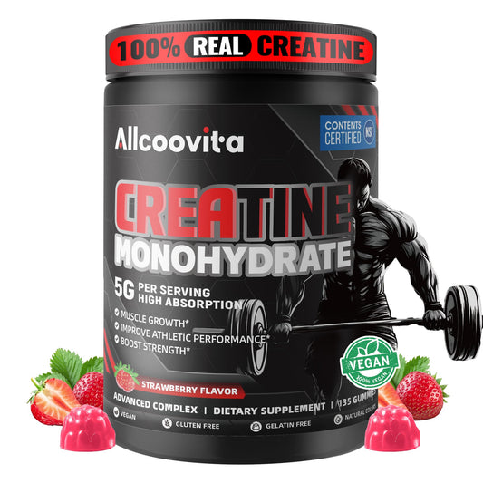 Allcoovita Creatine Gummy bottle with strawberry flavor supports daily focus during workouts.