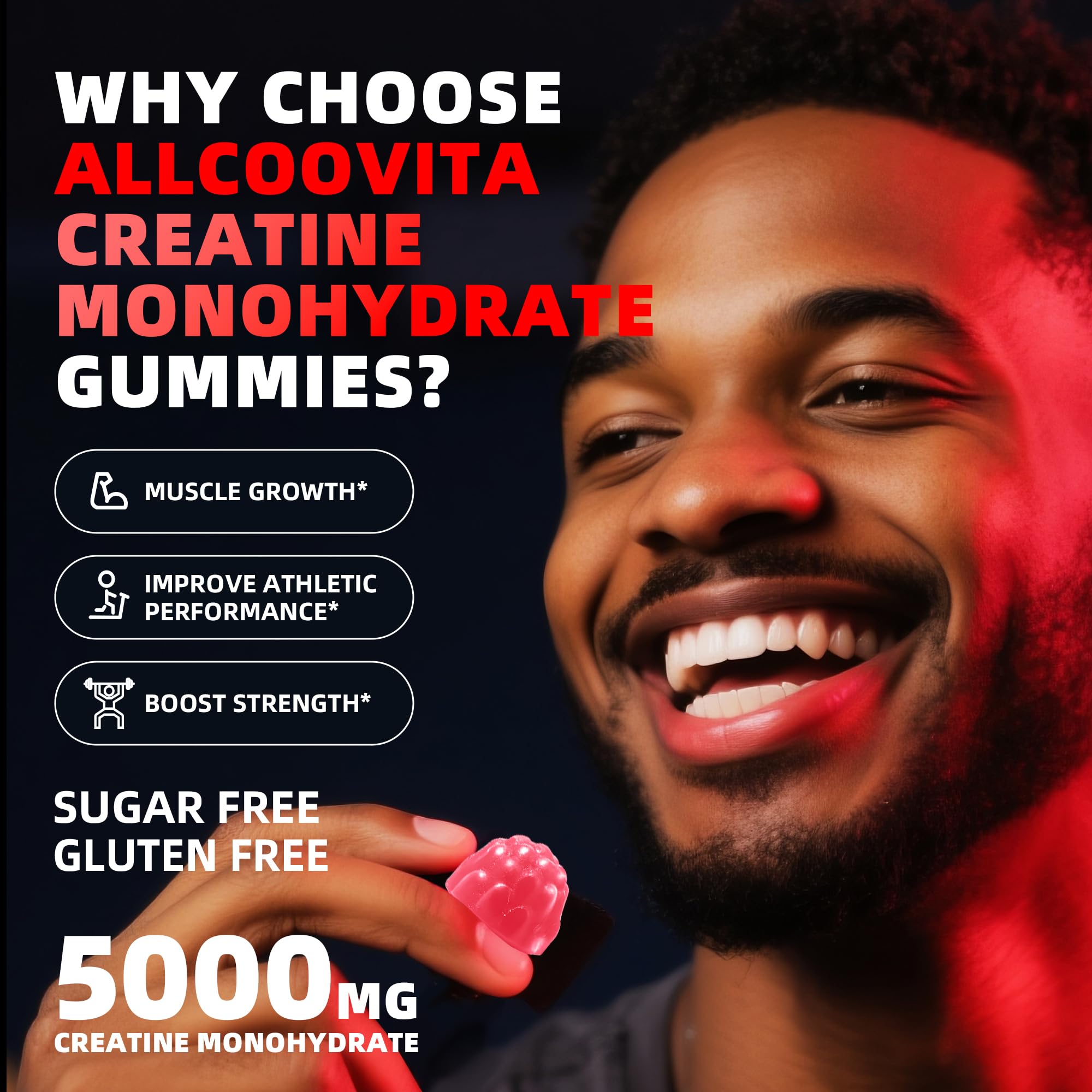 Allcoovita Creatine Gummy close-up shows 1.8 g per chew for steady energy.