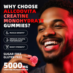 Allcoovita Creatine Gummy close-up shows 1.8 g per chew for steady energy.