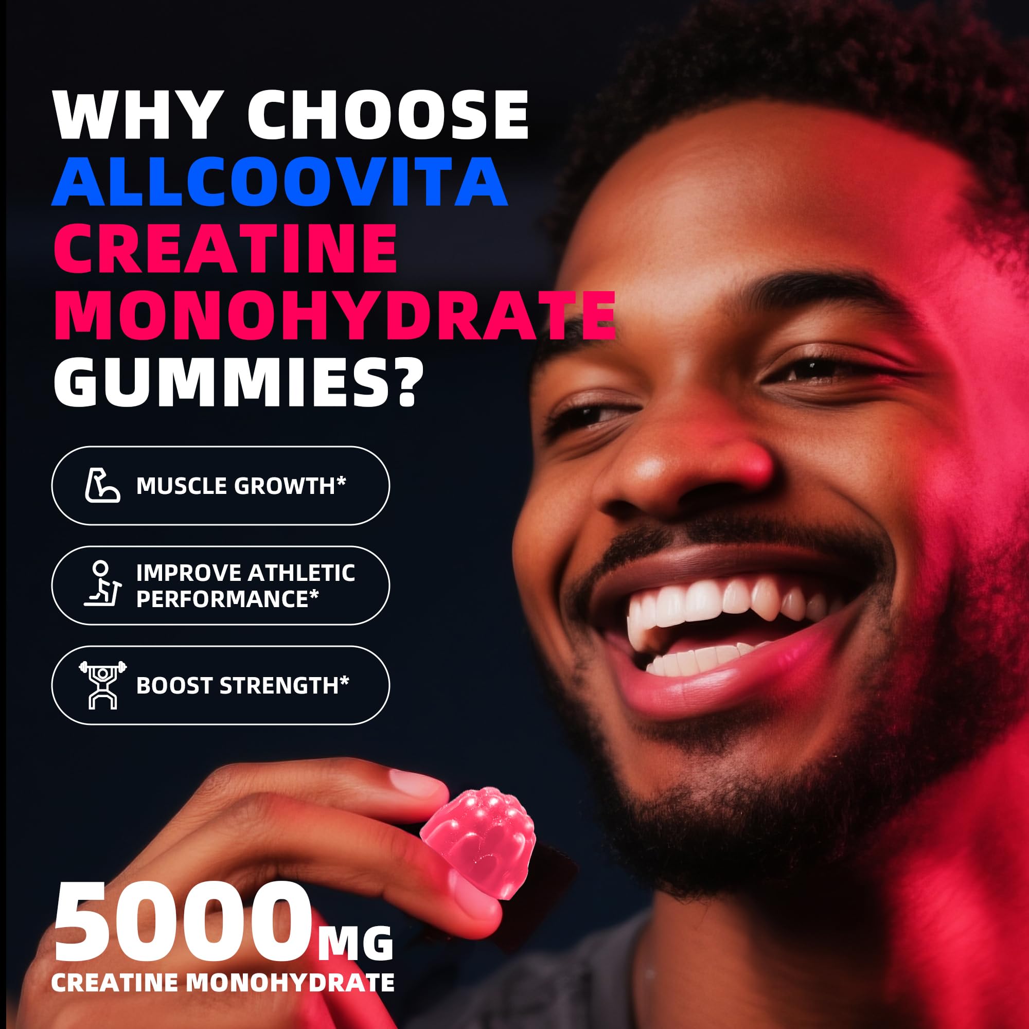 Allcoovita Creatine Gummies close-up texture highlighting chewy consistency for strength and endurance