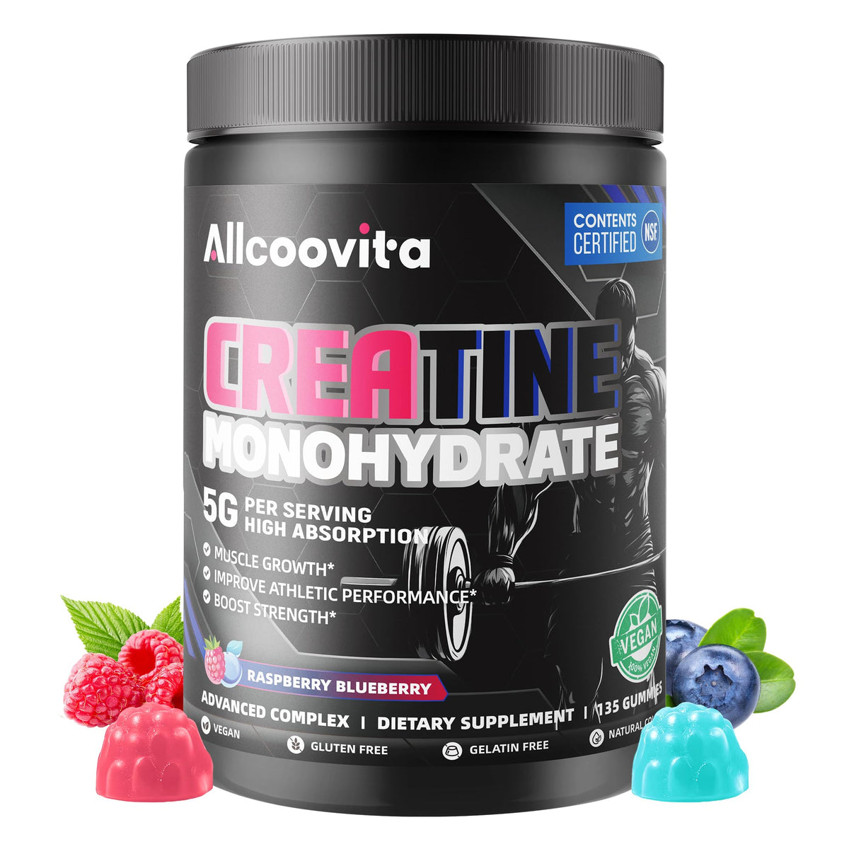 Allcoovita Creatine Gummy bottle with raspberry and blueberry flavor for on-the-go focus