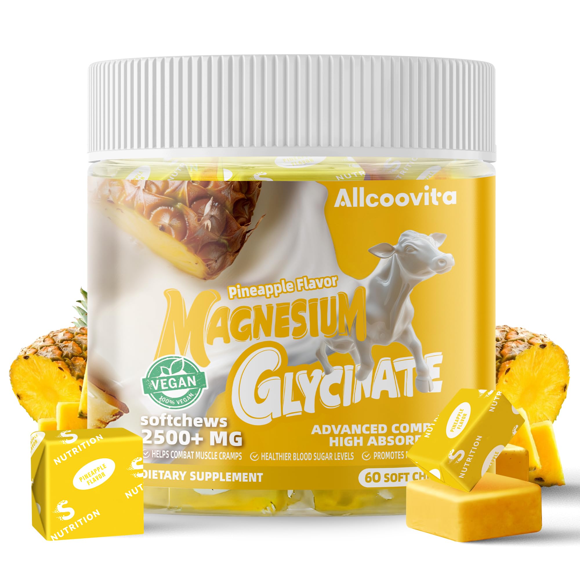 Allcoovita magnesium glycinate soft chews pineapple bottle on shelf for daily wellness.