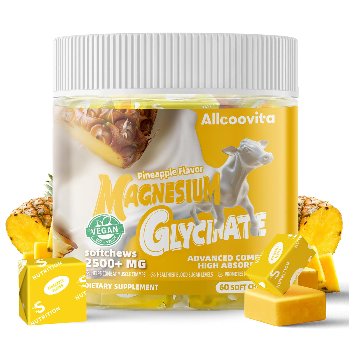 Allcoovita magnesium glycinate soft chews pineapple bottle on shelf for daily wellness.