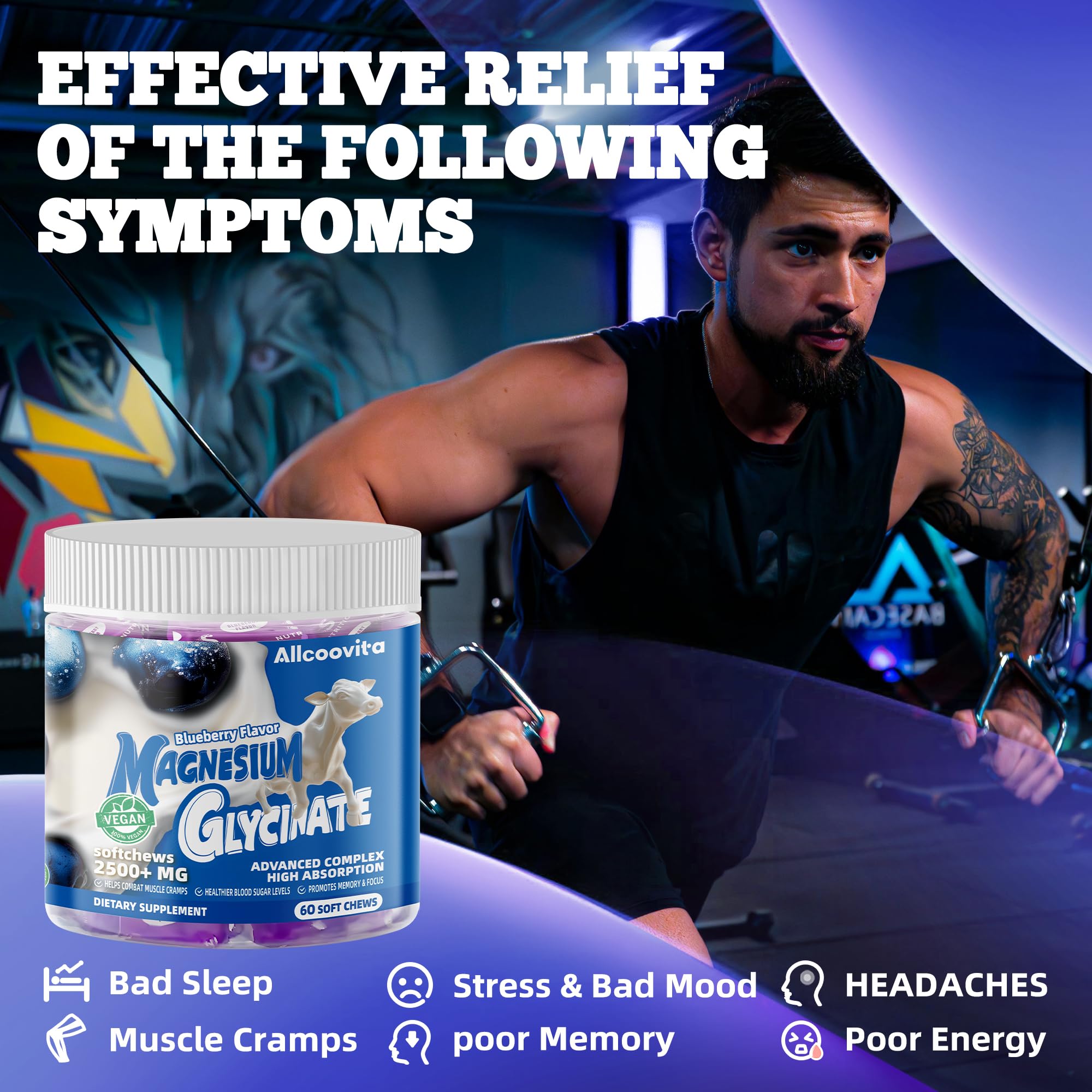 Allcoovita supplement panel emphasizing mg, vitamin D, B6, and CoQ10.