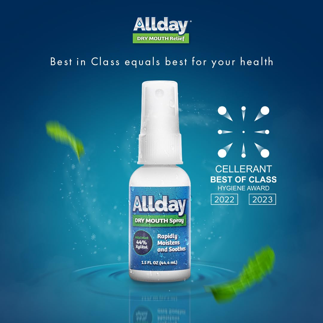 Allday Dry Mouth Spray label highlights 44% xylitol and non-acidic formula.