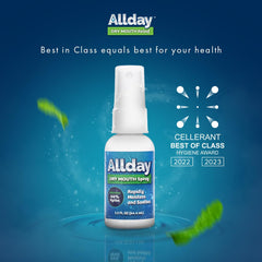 Allday Dry Mouth Spray label highlights 44% xylitol and non-acidic formula.