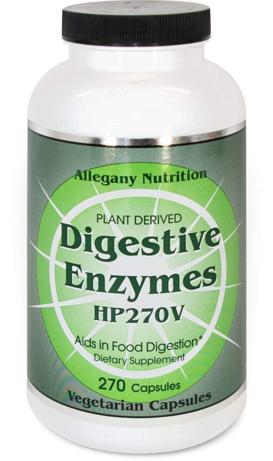 Allegany Nutrition Digestive Enzymes HP bottle front shows vegan capsules for gentle digestion support