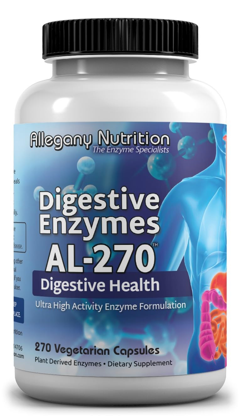 Allegany Nutrition gluten free digestive enzymes bottle supports comfortable digestion after meals.