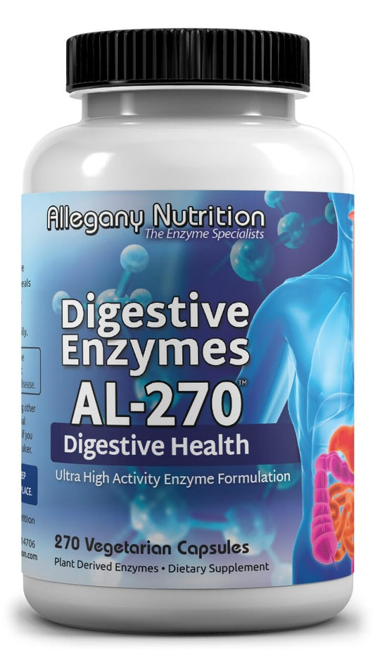 Allegany Nutrition gluten free digestive enzymes bottle supports comfortable digestion after meals.