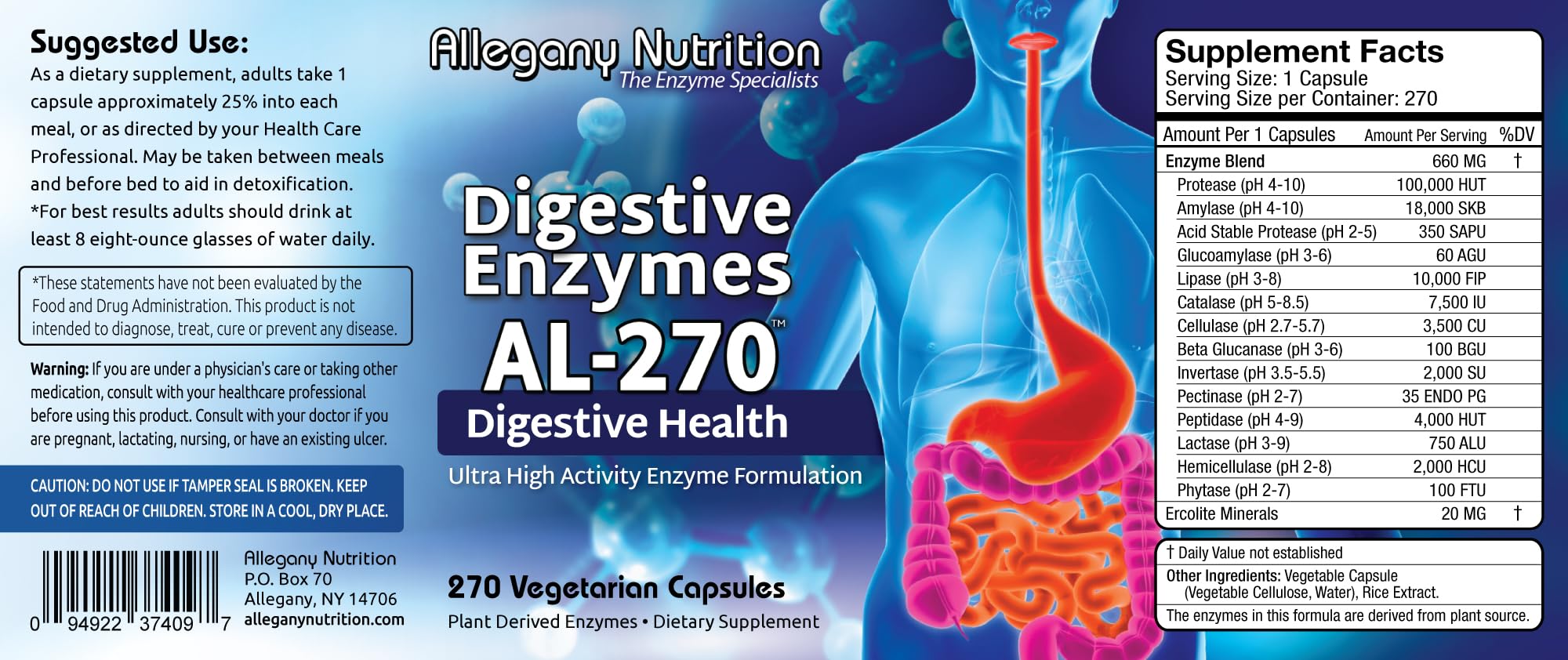 Allegany Nutrition digestive enzymes capsules highlight plant-based formula for daily wellness.