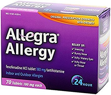 Allegra 180 mg box close-up emphasizes dosage and long-lasting allergy support.