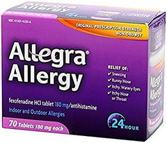 Allegra 180 mg box close-up emphasizes dosage and long-lasting allergy support.