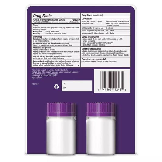 Allegra 24-Hour relief pack displayed for all-day indoor and outdoor allergies.