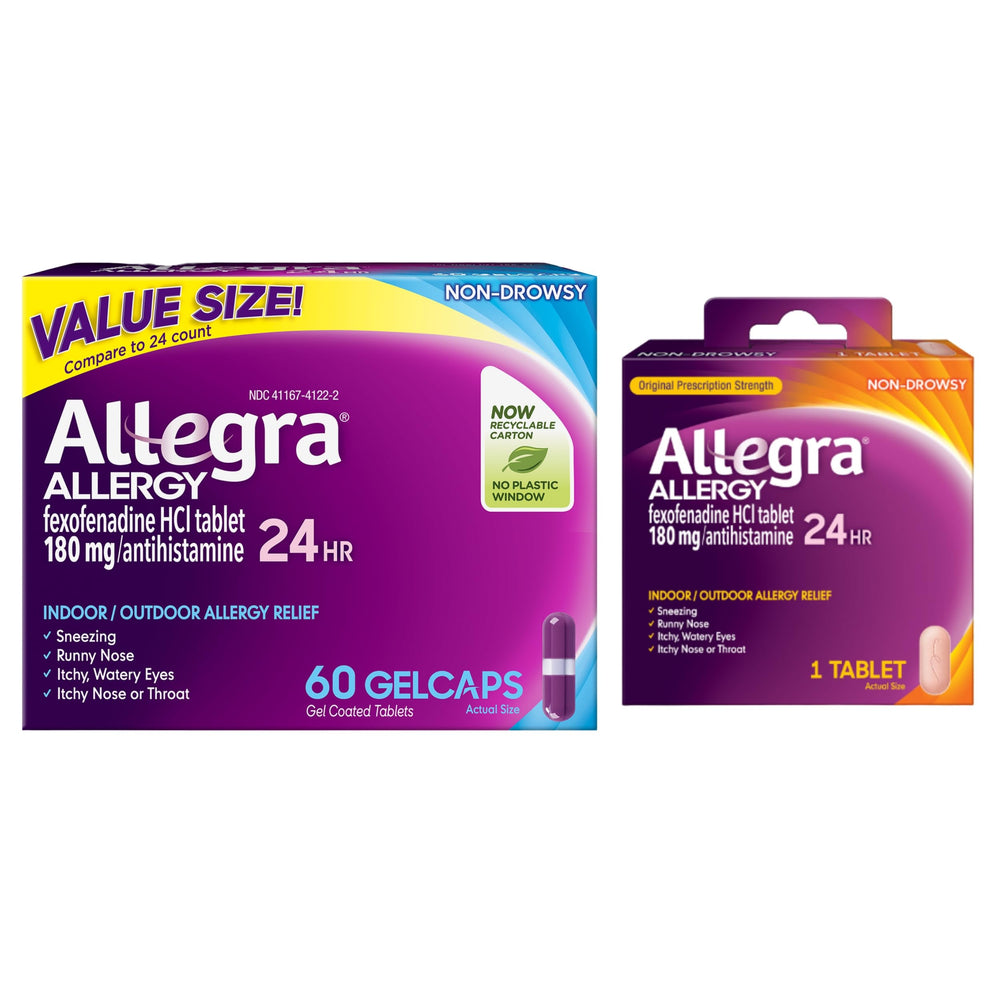 Allegra 24-hour relief gelcaps bottle shown for all-day allergy control during outdoor pollen season.