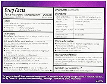 Allegra adult 24-hour relief pills being poured from bottle for quick use.